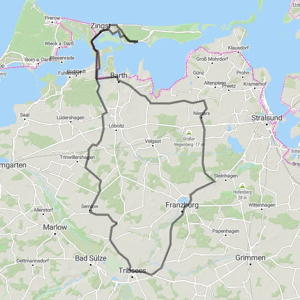 Map miniature of "Zingst Coastal Ride" cycling inspiration in Mecklenburg-Vorpommern, Germany. Generated by Tarmacs.app cycling route planner