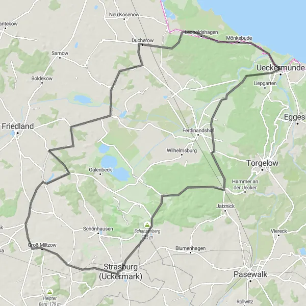 Map miniature of "Road Cycling Adventure through Lush Landscapes" cycling inspiration in Mecklenburg-Vorpommern, Germany. Generated by Tarmacs.app cycling route planner