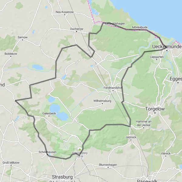 Karten-Miniaturansicht der Radinspiration "Ueckermünde-Löwitz Circuit" in Mecklenburg-Vorpommern, Germany. Erstellt vom Tarmacs.app-Routenplaner für Radtouren