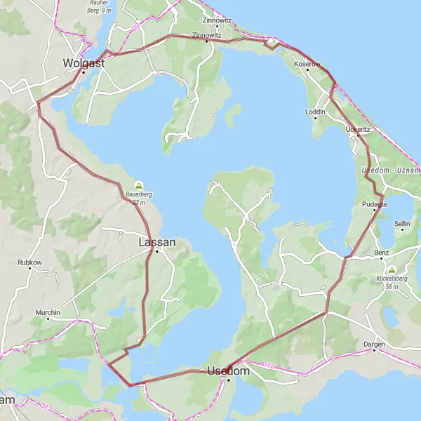 Map miniature of "Gravel Loop through Koserow and Streckelsberg" cycling inspiration in Mecklenburg-Vorpommern, Germany. Generated by Tarmacs.app cycling route planner