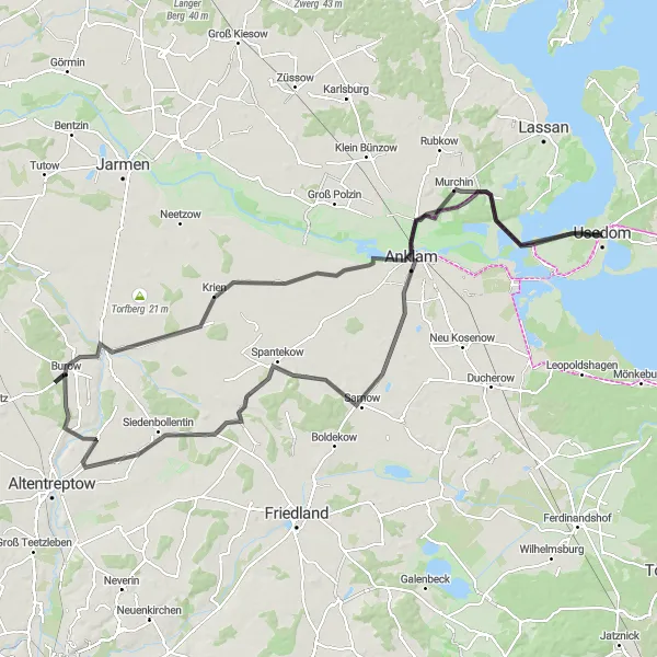 Karten-Miniaturansicht der Radinspiration "Rundtour von Usedom nach Anklam und zurück" in Mecklenburg-Vorpommern, Germany. Erstellt vom Tarmacs.app-Routenplaner für Radtouren