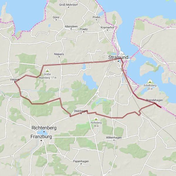 Map miniature of "Velgast Gravel Adventure" cycling inspiration in Mecklenburg-Vorpommern, Germany. Generated by Tarmacs.app cycling route planner