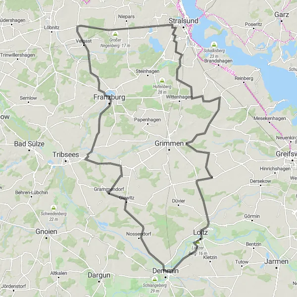 Map miniature of "Ultimate Velgast Road Challenge" cycling inspiration in Mecklenburg-Vorpommern, Germany. Generated by Tarmacs.app cycling route planner