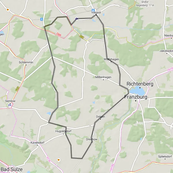 Map miniature of "Picturesque Velgast Ride" cycling inspiration in Mecklenburg-Vorpommern, Germany. Generated by Tarmacs.app cycling route planner