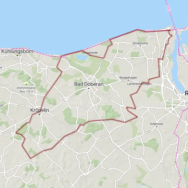 Map miniature of "Warnemünde Gravel Adventure" cycling inspiration in Mecklenburg-Vorpommern, Germany. Generated by Tarmacs.app cycling route planner