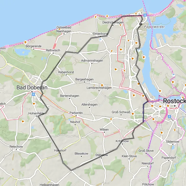 Map miniature of "Warnemünde Coastal Road Loop" cycling inspiration in Mecklenburg-Vorpommern, Germany. Generated by Tarmacs.app cycling route planner