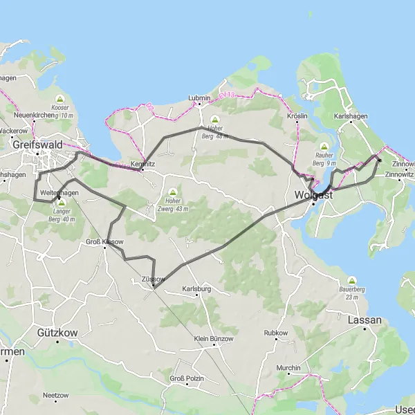 Map miniature of "Weitenhagen to Wolgast Loop" cycling inspiration in Mecklenburg-Vorpommern, Germany. Generated by Tarmacs.app cycling route planner
