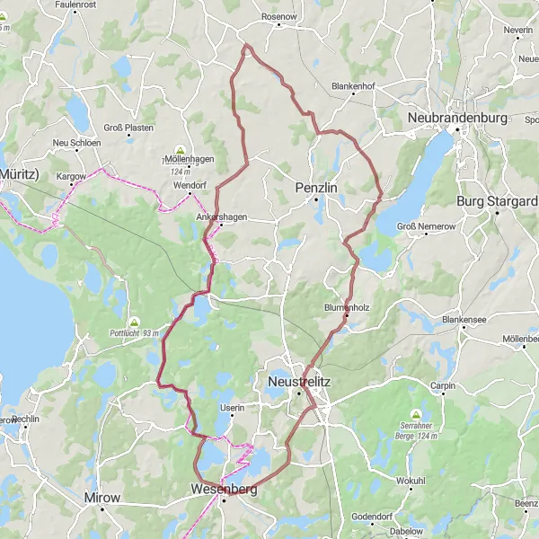 Karten-Miniaturansicht der Radinspiration "Gravel-Tour um Wesenberg und Mallin" in Mecklenburg-Vorpommern, Germany. Erstellt vom Tarmacs.app-Routenplaner für Radtouren
