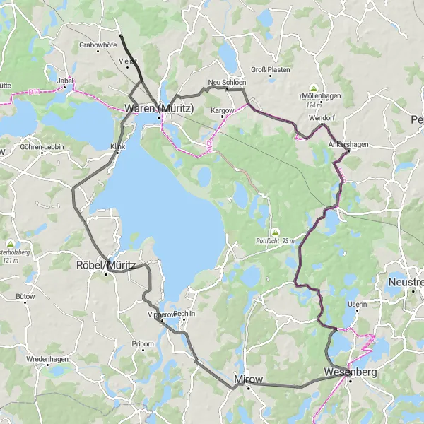 Karten-Miniaturansicht der Radinspiration "Rundweg um Wesenberg entlang der Seen" in Mecklenburg-Vorpommern, Germany. Erstellt vom Tarmacs.app-Routenplaner für Radtouren