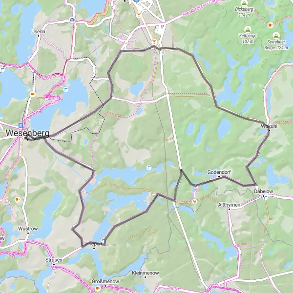 Karten-Miniaturansicht der Radinspiration "Kurze Rundfahrt um Wesenberg und Priepert" in Mecklenburg-Vorpommern, Germany. Erstellt vom Tarmacs.app-Routenplaner für Radtouren