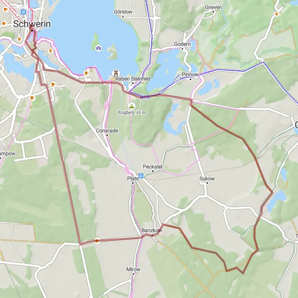 Map miniature of "Schwerin Gravel Adventure" cycling inspiration in Mecklenburg-Vorpommern, Germany. Generated by Tarmacs.app cycling route planner