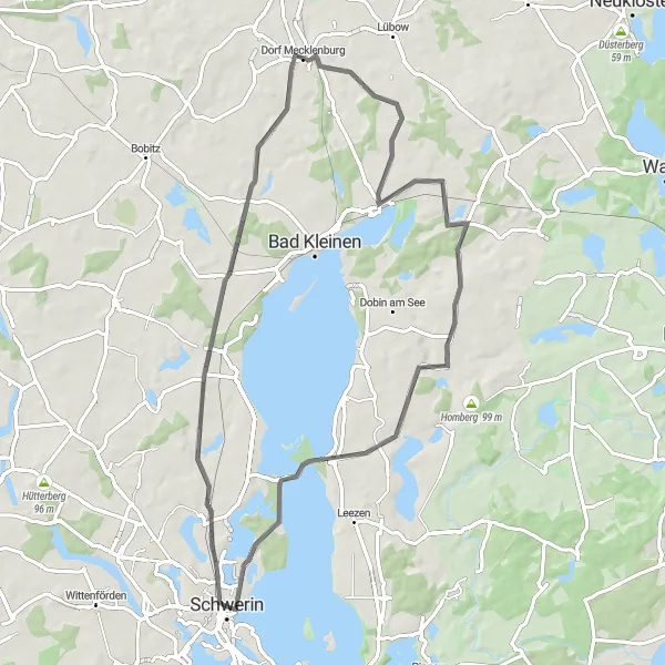 Karten-Miniaturansicht der Radinspiration "Rund um Schwerin und Umgebung" in Mecklenburg-Vorpommern, Germany. Erstellt vom Tarmacs.app-Routenplaner für Radtouren