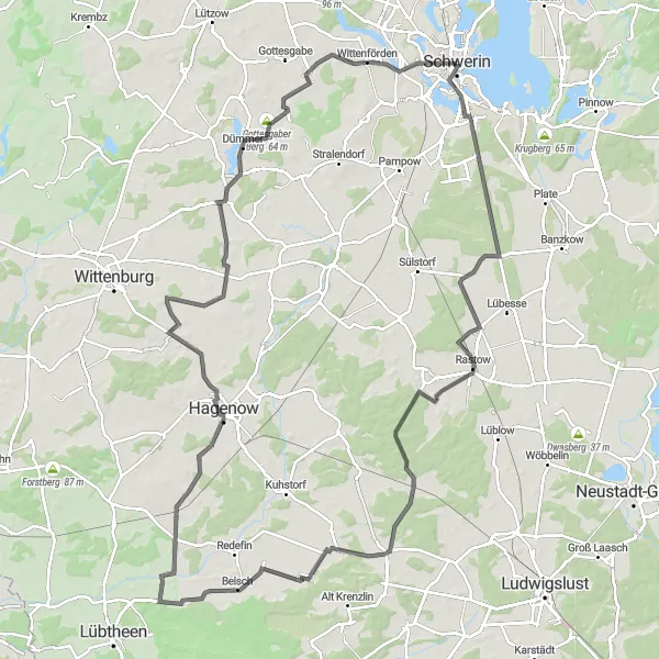 Map miniature of "Schwerin Round-Trip" cycling inspiration in Mecklenburg-Vorpommern, Germany. Generated by Tarmacs.app cycling route planner