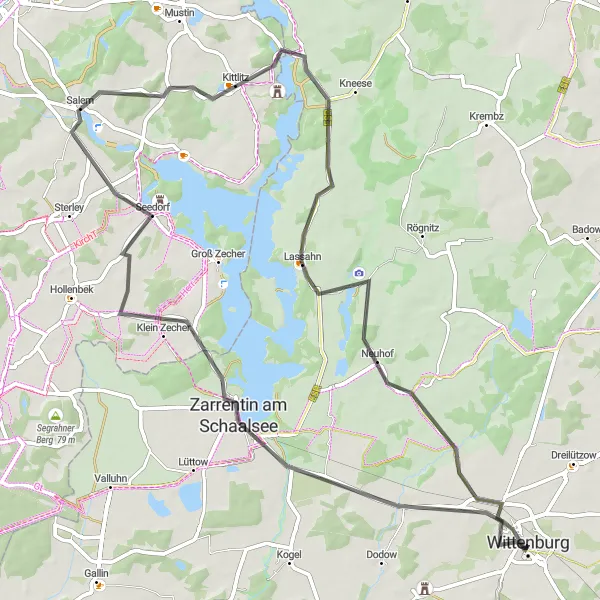 Map miniature of "Zarrentin Escape" cycling inspiration in Mecklenburg-Vorpommern, Germany. Generated by Tarmacs.app cycling route planner