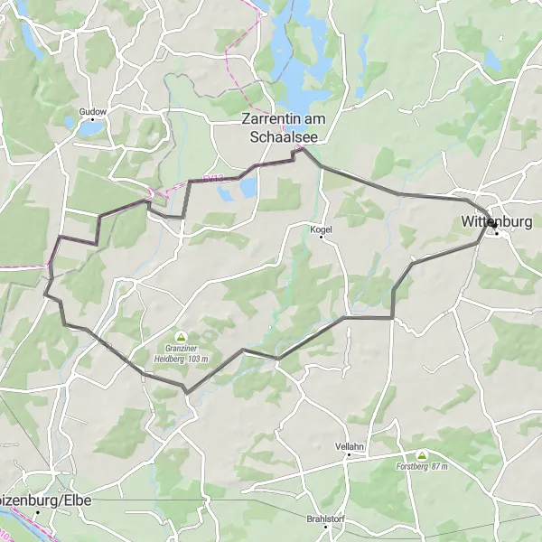 Karten-Miniaturansicht der Radinspiration "Die Straßen von Wittenburg entdecken" in Mecklenburg-Vorpommern, Germany. Erstellt vom Tarmacs.app-Routenplaner für Radtouren