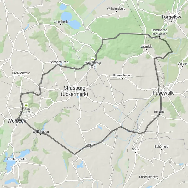 Map miniature of "Woldegk Road Route" cycling inspiration in Mecklenburg-Vorpommern, Germany. Generated by Tarmacs.app cycling route planner