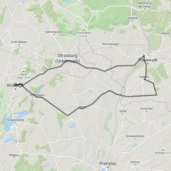 Map miniature of "Woldegk Round Trip" cycling inspiration in Mecklenburg-Vorpommern, Germany. Generated by Tarmacs.app cycling route planner