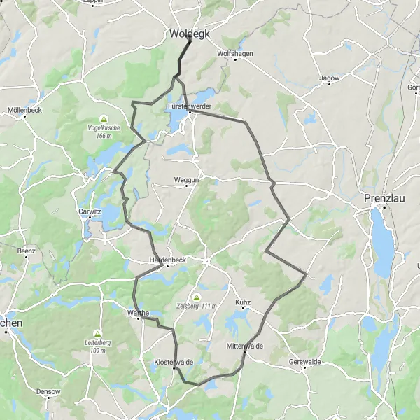 Map miniature of "Woldegk Road Route" cycling inspiration in Mecklenburg-Vorpommern, Germany. Generated by Tarmacs.app cycling route planner