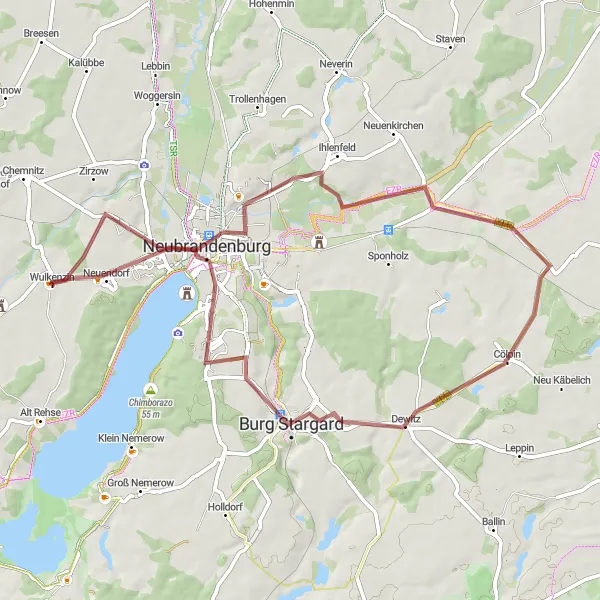 Map miniature of "Neubrandenburg and Stargarder Tor Gravel Route" cycling inspiration in Mecklenburg-Vorpommern, Germany. Generated by Tarmacs.app cycling route planner