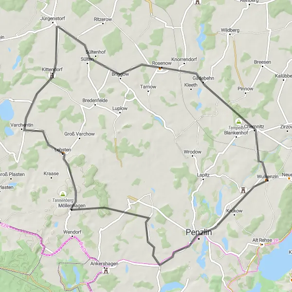 Map miniature of "Möllenhagen and Tempelberg Road Route" cycling inspiration in Mecklenburg-Vorpommern, Germany. Generated by Tarmacs.app cycling route planner