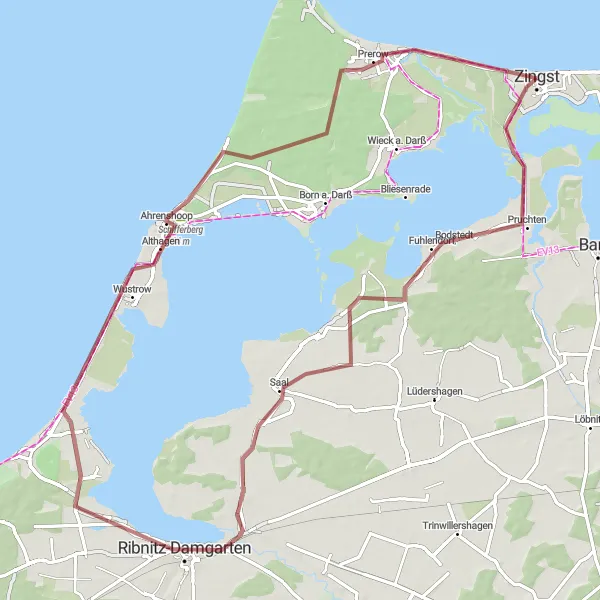 Map miniature of "Prerow Coastal Loop" cycling inspiration in Mecklenburg-Vorpommern, Germany. Generated by Tarmacs.app cycling route planner