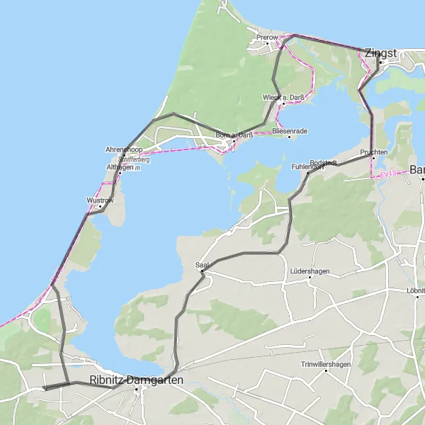 Map miniature of "Pruchten and Beyond" cycling inspiration in Mecklenburg-Vorpommern, Germany. Generated by Tarmacs.app cycling route planner