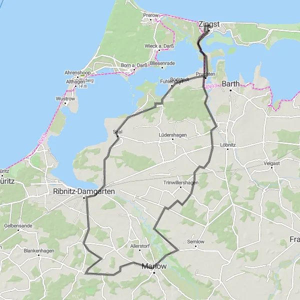 Map miniature of "Zingst and Ribnitz-Damgarten Road Route" cycling inspiration in Mecklenburg-Vorpommern, Germany. Generated by Tarmacs.app cycling route planner