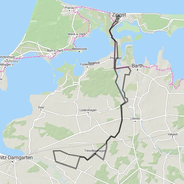 Map miniature of "Zingst and Pruchten Circuit" cycling inspiration in Mecklenburg-Vorpommern, Germany. Generated by Tarmacs.app cycling route planner