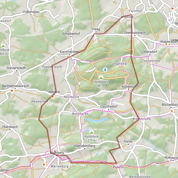 Karten-Miniaturansicht der Radinspiration "Kurze Gravel-Tour um Abenberg" in Mittelfranken, Germany. Erstellt vom Tarmacs.app-Routenplaner für Radtouren