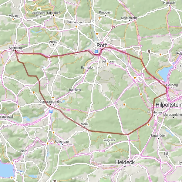 Map miniature of "Gravel adventure through Abenberg" cycling inspiration in Mittelfranken, Germany. Generated by Tarmacs.app cycling route planner