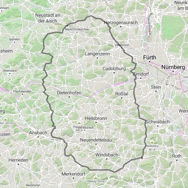 Karten-Miniaturansicht der Radinspiration "Herausfordernde Ansbach Rundtour" in Mittelfranken, Germany. Erstellt vom Tarmacs.app-Routenplaner für Radtouren
