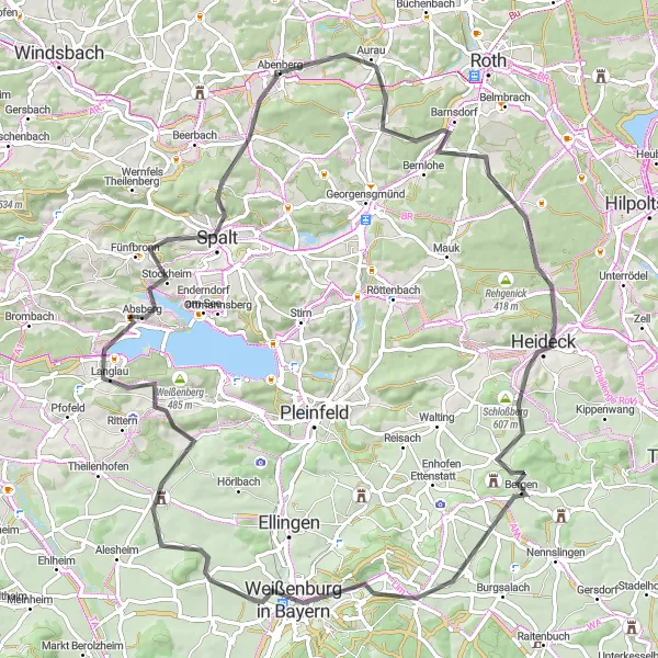 Map miniature of "Hilltops and Hidden Gems" cycling inspiration in Mittelfranken, Germany. Generated by Tarmacs.app cycling route planner