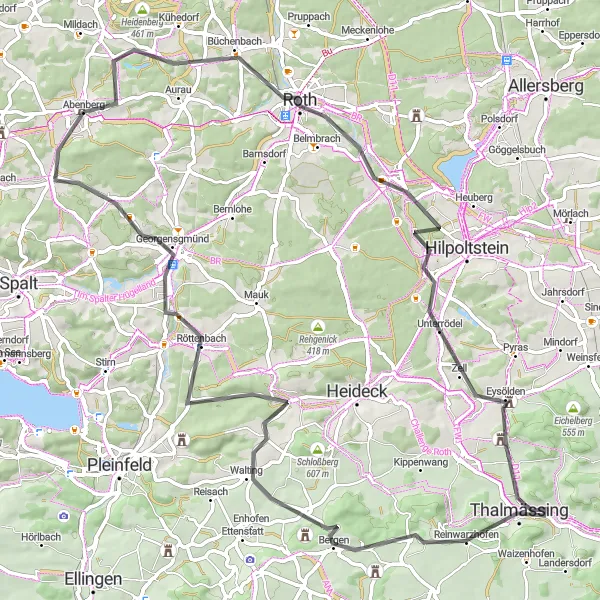 Map miniature of "Hidden Treasures of Mittelfranken" cycling inspiration in Mittelfranken, Germany. Generated by Tarmacs.app cycling route planner