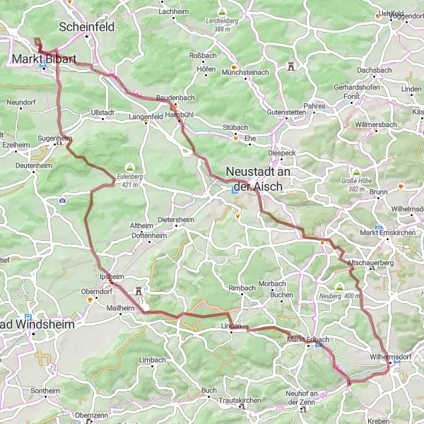 Map miniature of "Scenic Ride through the Franconian Region" cycling inspiration in Mittelfranken, Germany. Generated by Tarmacs.app cycling route planner