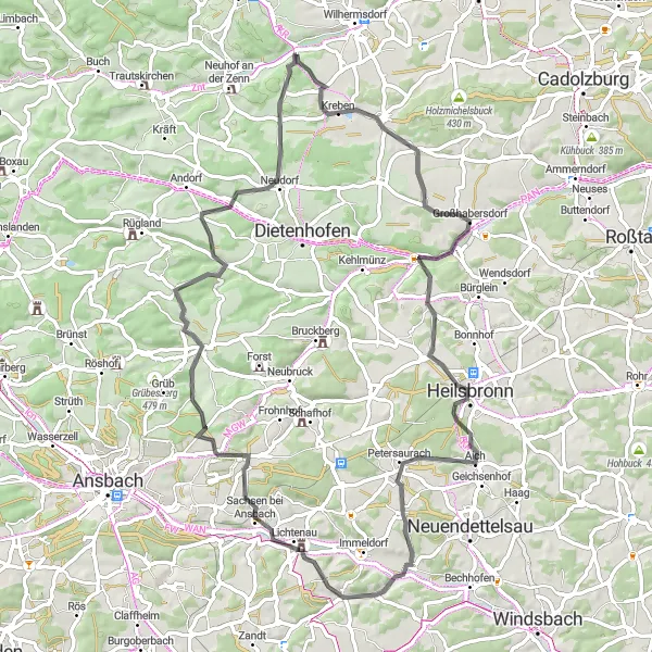 Map miniature of "Ansbach Adventure" cycling inspiration in Mittelfranken, Germany. Generated by Tarmacs.app cycling route planner