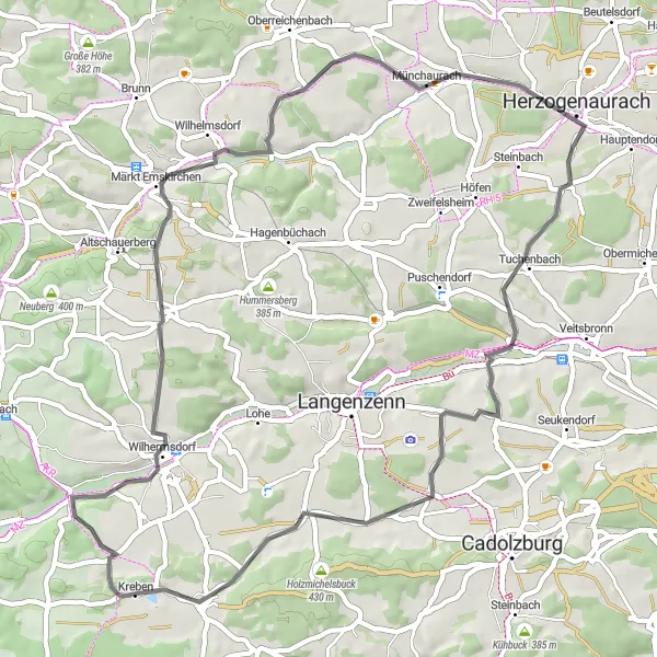 Map miniature of "Wilhermsdorf Round" cycling inspiration in Mittelfranken, Germany. Generated by Tarmacs.app cycling route planner