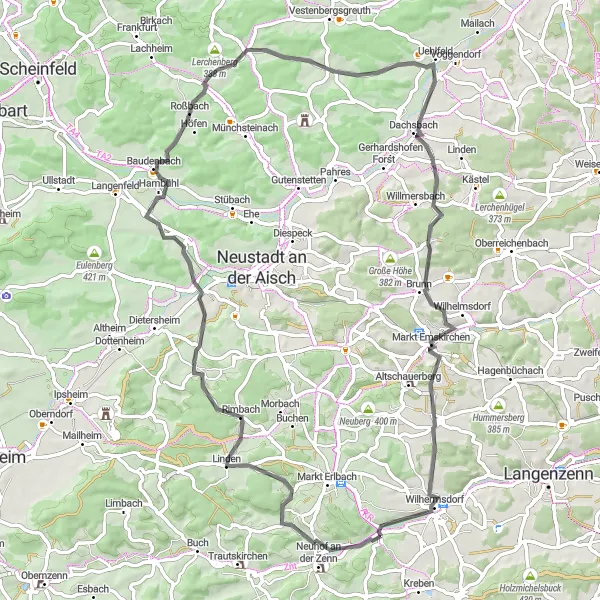 Karten-Miniaturansicht der Radinspiration "Tour um Adelsdorf und Umgebung" in Mittelfranken, Germany. Erstellt vom Tarmacs.app-Routenplaner für Radtouren