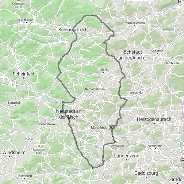 Karten-Miniaturansicht der Radinspiration "Hügelige Straßen um Adelsdorf" in Mittelfranken, Germany. Erstellt vom Tarmacs.app-Routenplaner für Radtouren