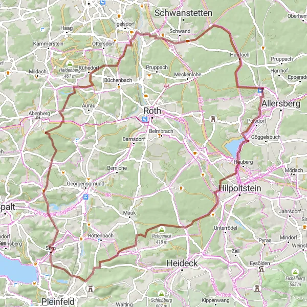 Map miniature of "Challenging Gravel Adventure: Allersberg Circuit" cycling inspiration in Mittelfranken, Germany. Generated by Tarmacs.app cycling route planner