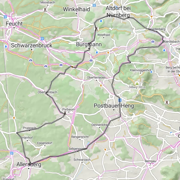 Map miniature of "Road Adventure: Allersberg Vineyard Circuit" cycling inspiration in Mittelfranken, Germany. Generated by Tarmacs.app cycling route planner