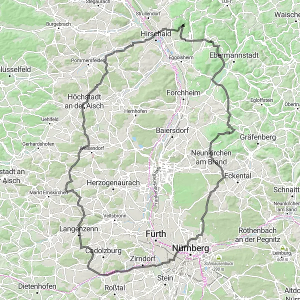 Map miniature of "Road Adventure: Ammerndorf Loop" cycling inspiration in Mittelfranken, Germany. Generated by Tarmacs.app cycling route planner