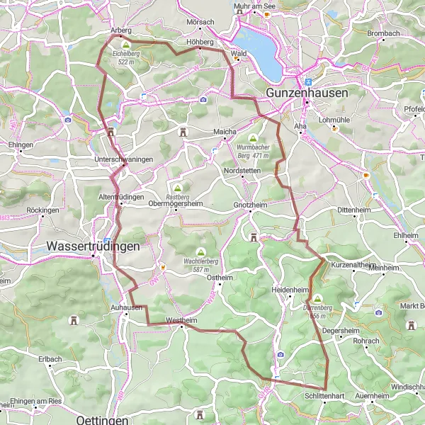 Map miniature of "Oberschönau Gravel Route" cycling inspiration in Mittelfranken, Germany. Generated by Tarmacs.app cycling route planner