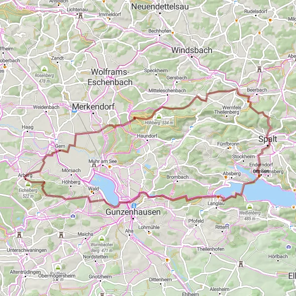 Karten-Miniaturansicht der Radinspiration "Abenteuerliche Gravel-Tour rund um Arberg" in Mittelfranken, Germany. Erstellt vom Tarmacs.app-Routenplaner für Radtouren