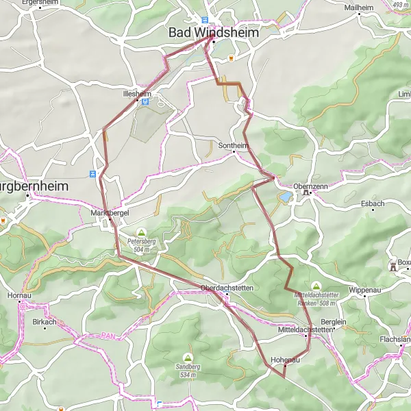 Karten-Miniaturansicht der Radinspiration "Abenteuer im Sechersteinberg und Marktbergel" in Mittelfranken, Germany. Erstellt vom Tarmacs.app-Routenplaner für Radtouren