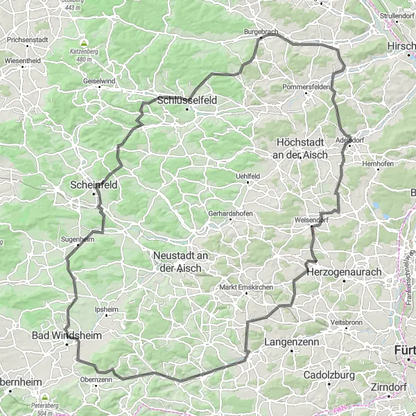 Karten-Miniaturansicht der Radinspiration "Anspruchsvolle Tour durch Sugenheim und Großenseebach" in Mittelfranken, Germany. Erstellt vom Tarmacs.app-Routenplaner für Radtouren