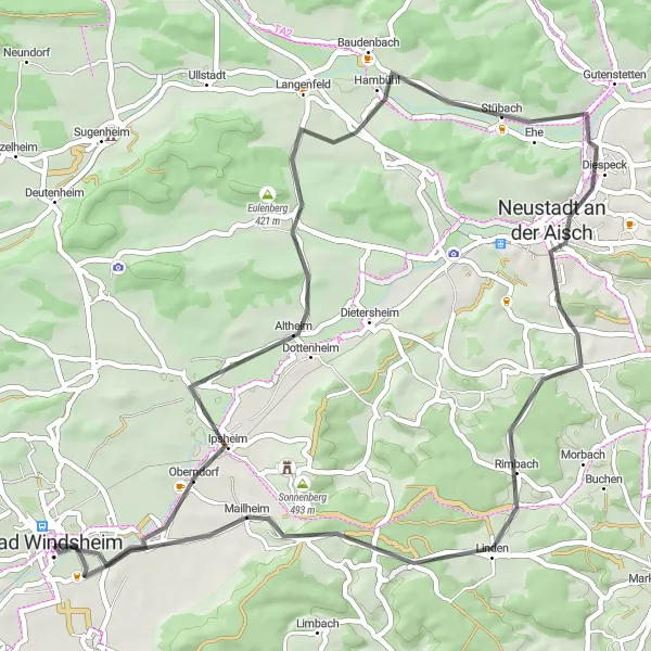 Karten-Miniaturansicht der Radinspiration "Panorama-Radtour um Bad Windsheim" in Mittelfranken, Germany. Erstellt vom Tarmacs.app-Routenplaner für Radtouren