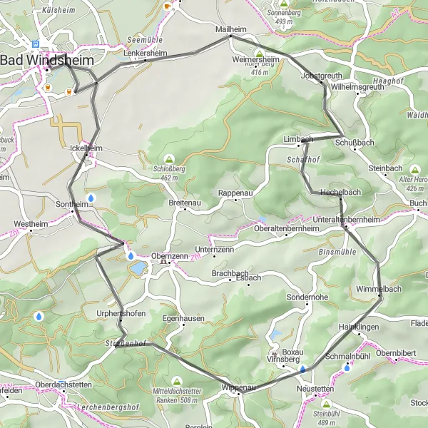 Karten-Miniaturansicht der Radinspiration "Rundweg um Bad Windsheim" in Mittelfranken, Germany. Erstellt vom Tarmacs.app-Routenplaner für Radtouren