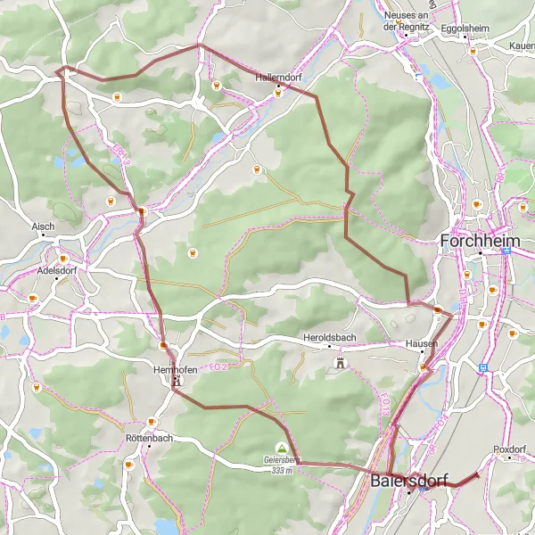 Map miniature of "Geiersberg and Hemhofen Gravel Loop" cycling inspiration in Mittelfranken, Germany. Generated by Tarmacs.app cycling route planner