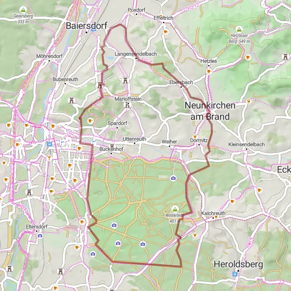 Map miniature of "Explore Neunkirchen am Brand and Wildschweingehege Gravel Loop" cycling inspiration in Mittelfranken, Germany. Generated by Tarmacs.app cycling route planner