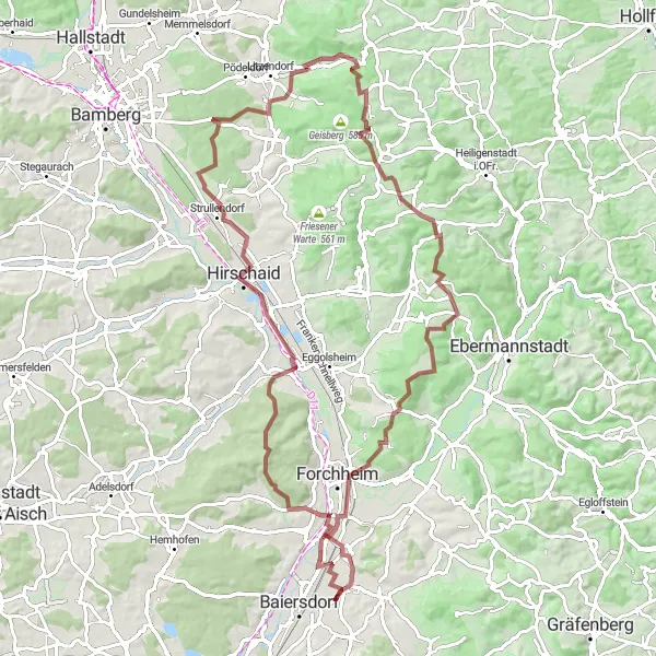 Map miniature of "Gravel Adventure through the Franconian Countryside" cycling inspiration in Mittelfranken, Germany. Generated by Tarmacs.app cycling route planner